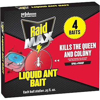 Raid Max Liquid Ant Bait; Kills Ants Where They Breed, for Indoor and Outdoor Use; 4 Bait Stations