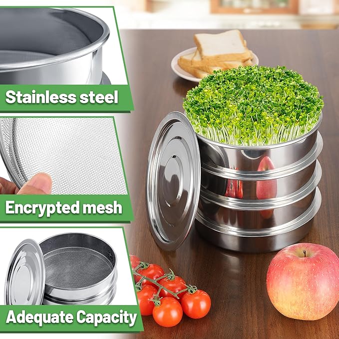 Stainless Steel Seed Sprouting Kit - 4-tier Microgreens Growing Tray 6in Dia, Stackable Round Seed Sprouter Maker with Encrypted Mesh, Sprouts Grower for Beans Broccoli Alfalfa Seeds Wheat Grass
