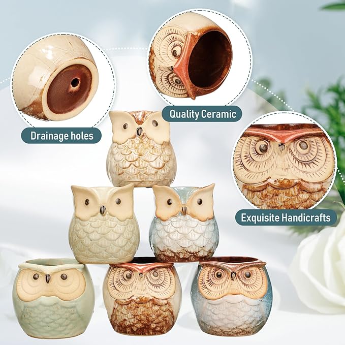 Nitial 24 Pack Owl Succulent Plant Pots Mini Small Ceramic Pots with Drainage Hole Cute Planters for Plants, Plants Not Included, Home Office Desk Garden Gift Ideas, 2 Size