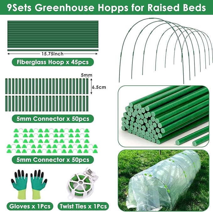 9 Sets Greenhouse Hoops for Raised Beds,45 Pcs Garden Hoops Grow Tunnel Rust-Free Fiberglass Garden Stakes Hoops, Plant Support Hoop House Kit Frame for Shade Cloth Netting Row Cover Garden Supplies
