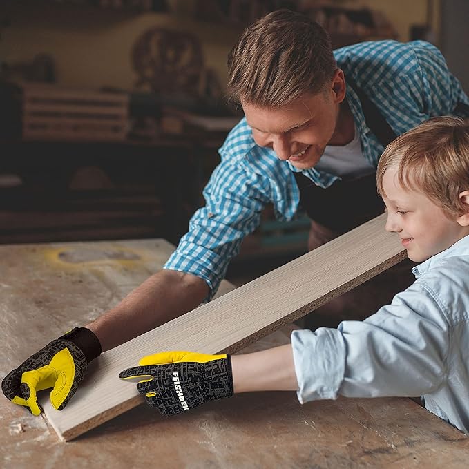 Kids Genuine Leather Work Gloves, Kids Gardening Work Gloves, Safety Glove, Reflective, Breathable Design, Perfect for Children Gardening, Yard Work, Outdoor (Large, Black, 6-7 Years Old)