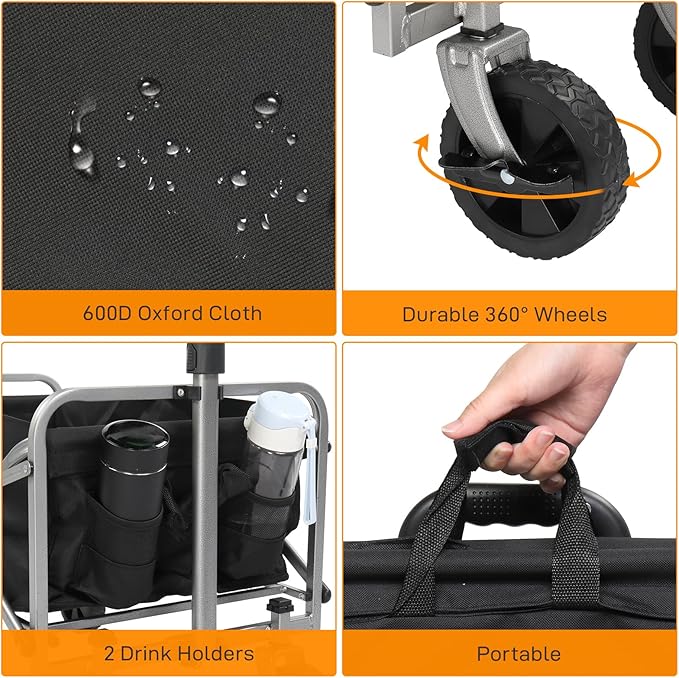 Collapsible Foldable Wagon with 220lbs Weight Capacity,Heavy Duty Folding Utility Garden Cart with All-Terrain Beach Wheels & Drink Holders for Grocery Outdoor Beach Gardening Shopping (Black)