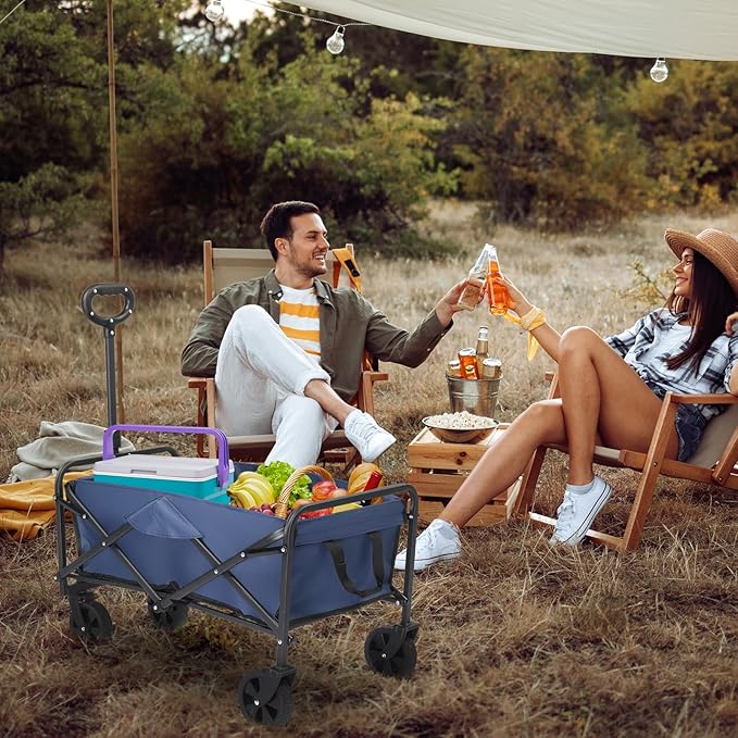 Collapsible Foldable Wagon with 220lbs Weight Capacity,Heavy Duty Folding Utility Garden Cart with All-Terrain Beach Wheels & Drink Holders for Grocery Outdoor Beach Gardening Shopping (Blue)