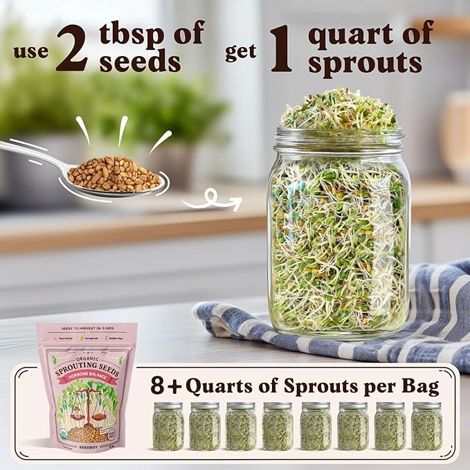 Seedboy Organic Non-GMO Sprouting Seeds, Hormone Balance Blend - USA Grown Microgreens Mix with Golden Flax, Red Clover, Fenugreek - 8 oz Bag Makes 8 Quarts / 24 Servings (Hormone Balance Blend)