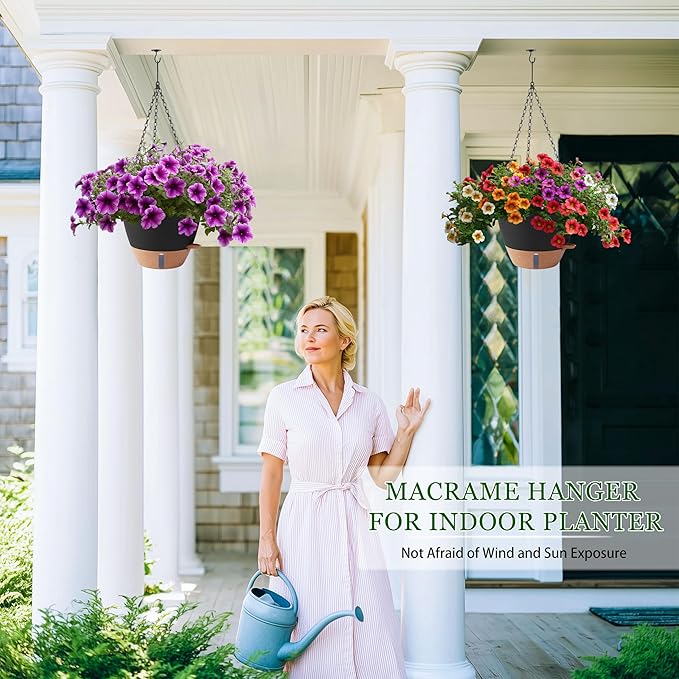 10 Inch Hanging Planters for Indoor Plants, 2 Pack Self Watering Hanging Baskets Flower Pots with Drainage Hole, Visual Reservoir & 2 Kinds of Plant Hanger for Outdoor Garden Home Decor（Black）