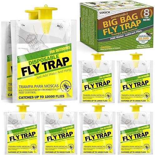 Glovv Fly Traps Outdoor Hanging with Bait, 6 Pack Disposable Flies Bags Hunter Ranch Trap, Control Bug Catcher Killer Repellent for Stable Horse Barn & Farm