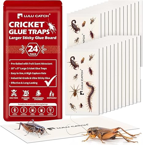 LULUCATCH Cricket & Insect Glue Traps 24 Pack, Adhesive Bug Catcher, Pre-Baited Spider Scorpion Trap, Non-Toxic Glue Boards Indoor for Home Catching Bugs,Small Mice & Rodents, Pet Safe Pest Control