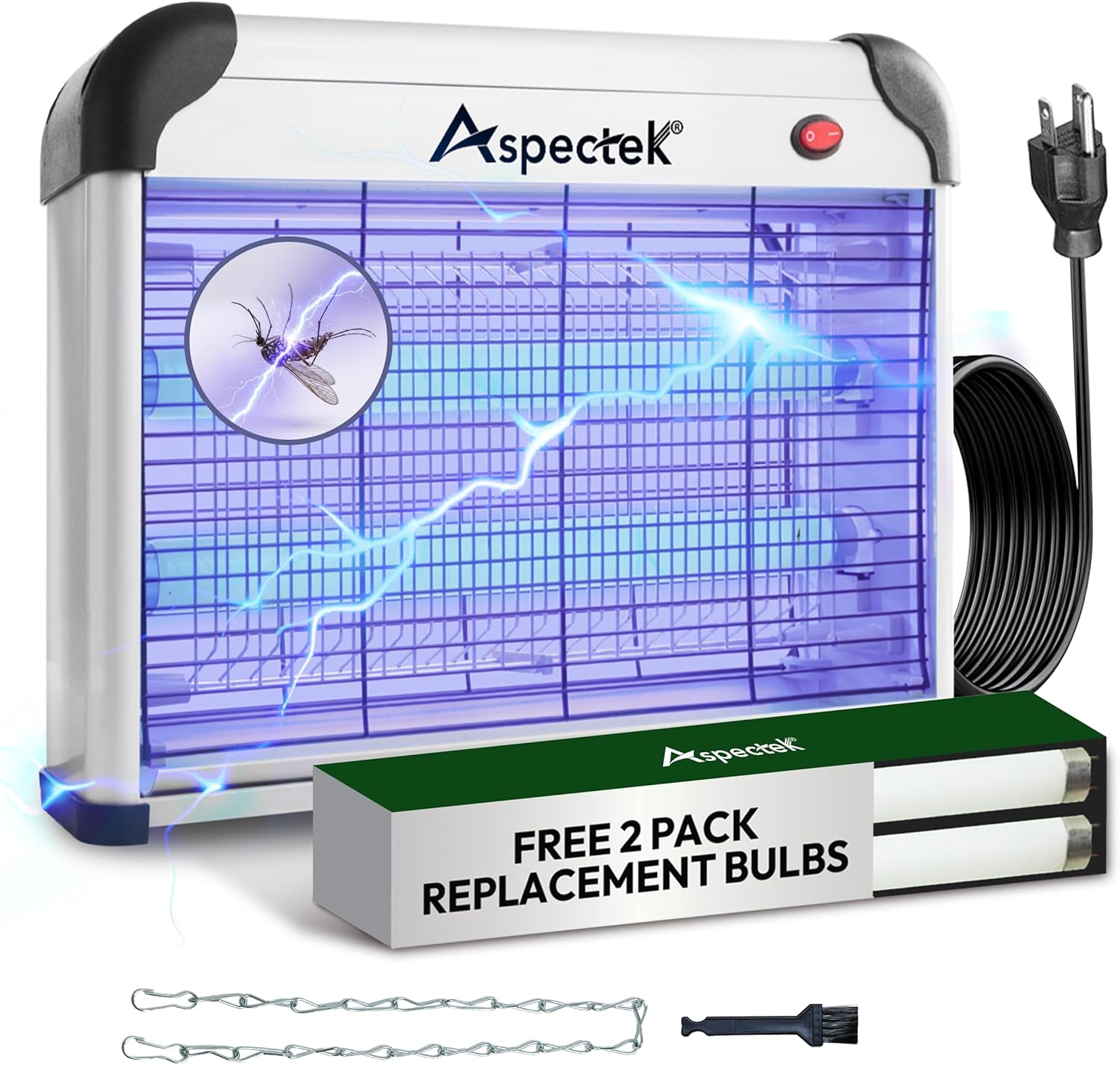 Aspectek 20W Electric Bug Zapper for Indoor Use. Effective Against Mosquitoes and Flies. 2 Extra Replacement Bulbs Included. Lightweight Design, 2800V Powerful Grid, Easy Cleaning, Washable Tray.