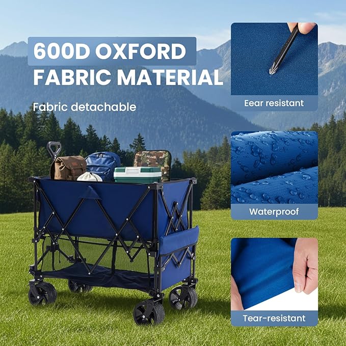 NEWBULIG Large Capacity Folding Double Decker Wagon with Brakes, 440lbs Wagons Carts Foldable Wagon Cart with Flexible Handle, All-Terrain Big Wheels for Grocery Sports Garden Camping