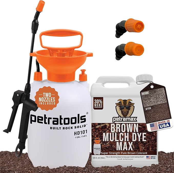 PetraTools Brown Mulch Dye with Sprayer Landscaping Bundle - 1 Gallon Brown Mulch Paint - Superior Coverage, Long-Lasting Color - Mulch Spray or Pine Straw, Yard Dye with HD101 Pump Garden Sprayer