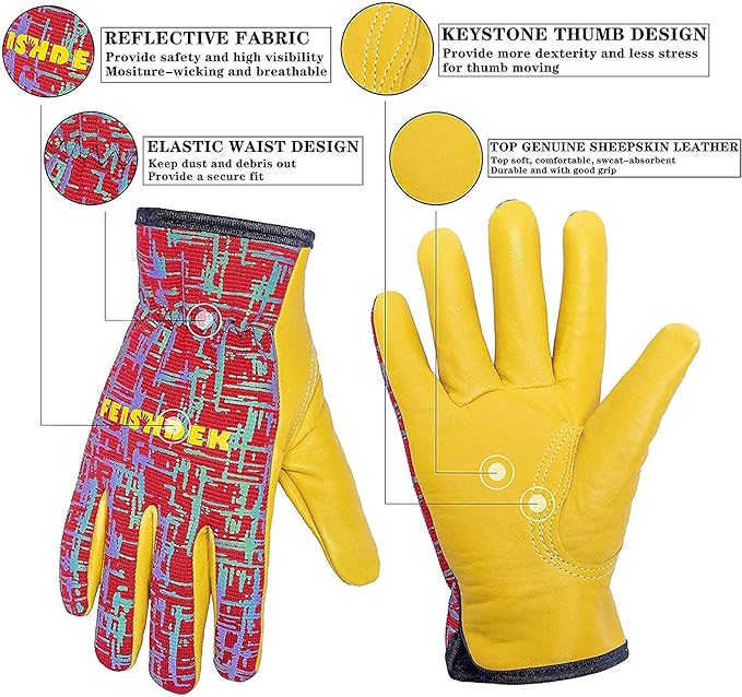 Kids Genuine Leather Work Gloves, Red, XL, 10-12 Years Old