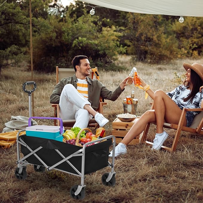 Collapsible Foldable Wagon with 220lbs Weight Capacity,Heavy Duty Folding Utility Garden Cart with All-Terrain Beach Wheels & Drink Holders for Grocery Outdoor Beach Gardening Shopping (Black)