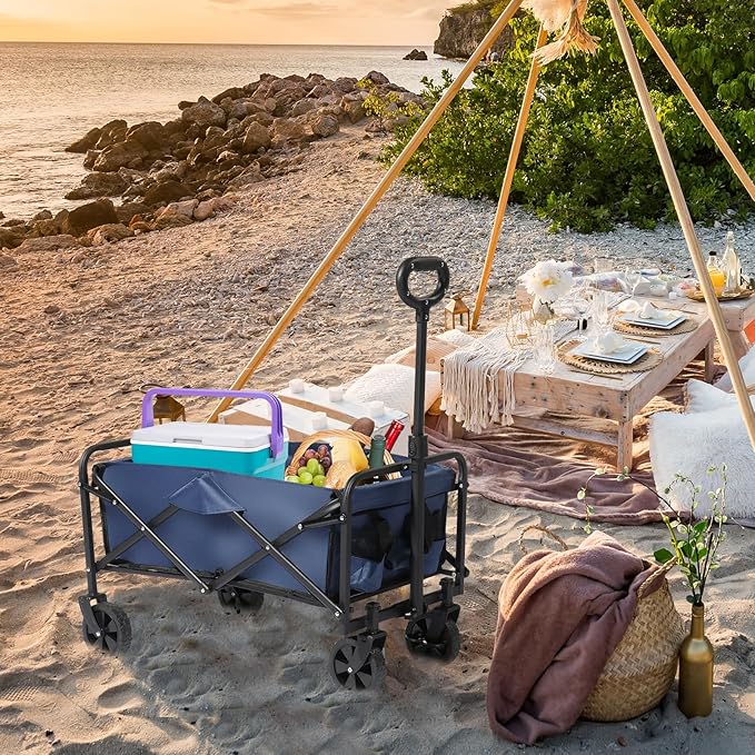 Collapsible Foldable Wagon with 220lbs Weight Capacity,Heavy Duty Folding Utility Garden Cart with All-Terrain Beach Wheels & Drink Holders for Grocery Outdoor Beach Gardening Shopping (Blue)