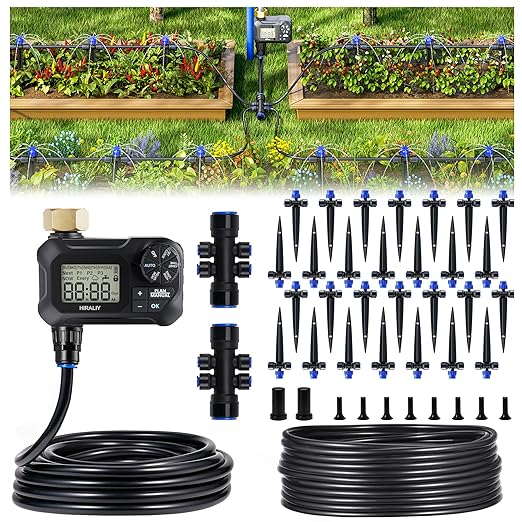 HIRALIY 100FT Automatic Drip Irrigation Kits with Garden Timer, Garden Watering System for Patio Lawn, Quick Connector Design Irrigation System Kit with Easy Programmable Water Timer