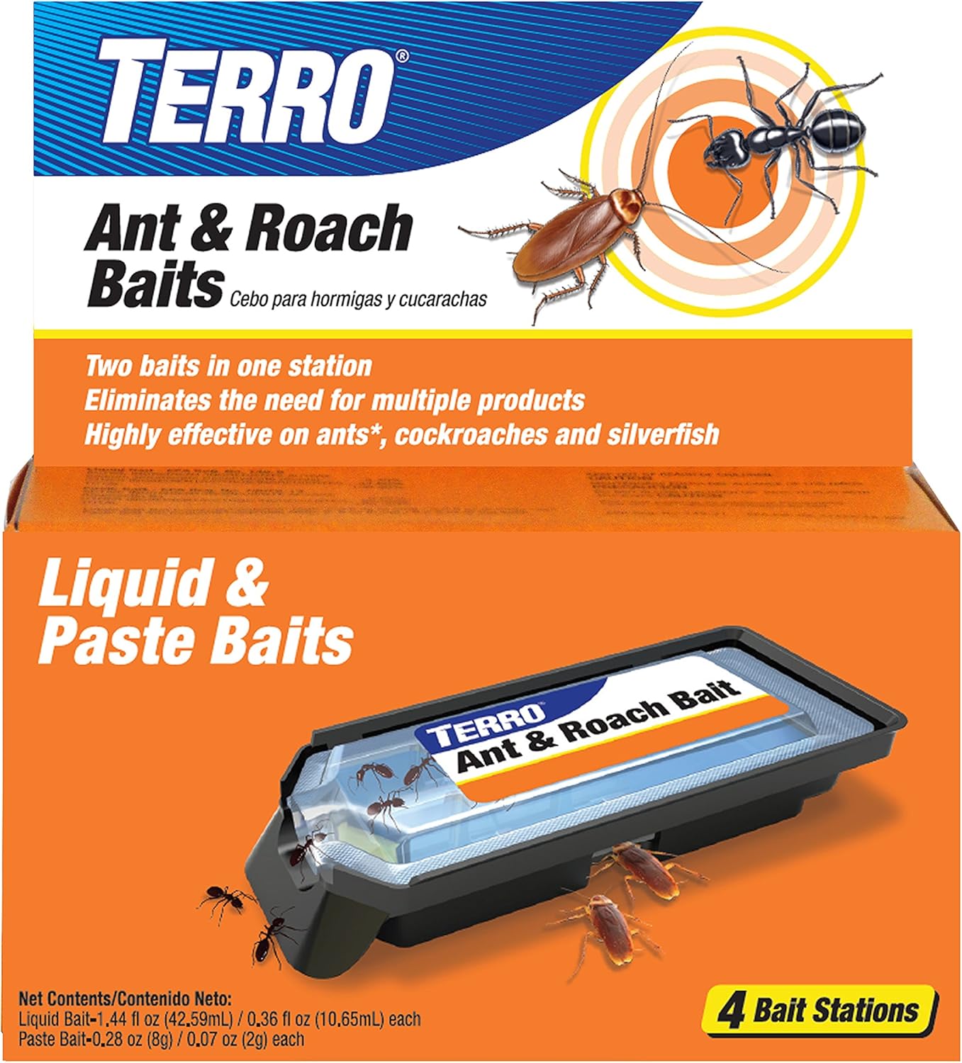 TERRO Ant & Roach Bait - Indoor Ant Killer and Roach Killer - 4 Bait Stations - Attracts and Kills Ants, Roaches, and Silverfish - T360