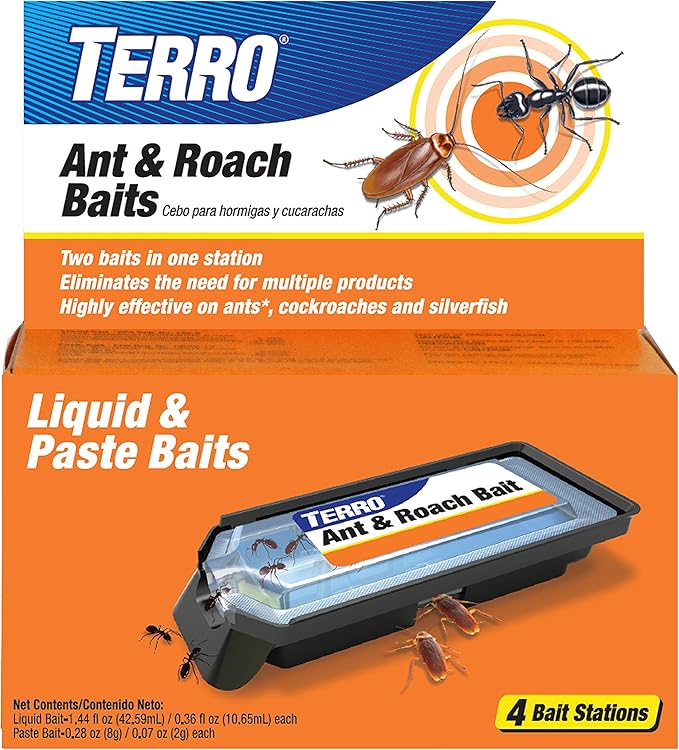 TERRO Ant & Roach Bait - Indoor Ant Killer and Roach Killer - 4 Bait Stations - Attracts and Kills Ants, Roaches, and Silverfish - T360