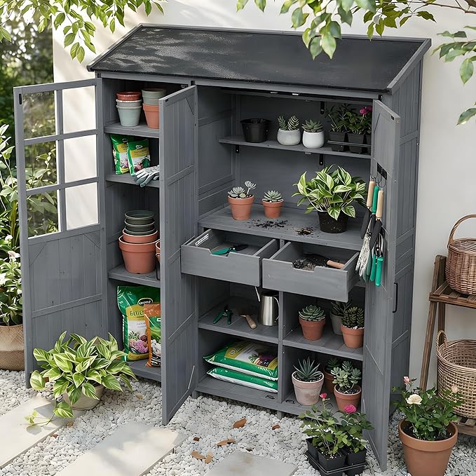 Outdoor Garden Storage Shed with Waterproof Roof, Farmhouse Potting Bench Table with 3 Doors Cabinets, 7 Storage Shelves, 2 Drawers, and 6 Hooks,Grey