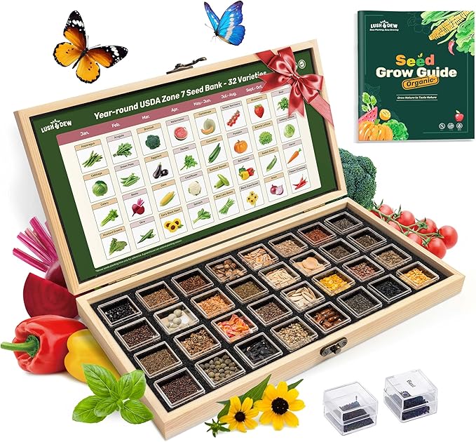 Lush&Dew Year-Round USDA Zone 7 Seed Bank, Gift for Mom Dad, 32 Varieties Non-GMO Heirloom Seeds of Vegetables Flowers, Gardening Gifts for Women Men, Survival Kit for Raised Garden Bed Greenhouse