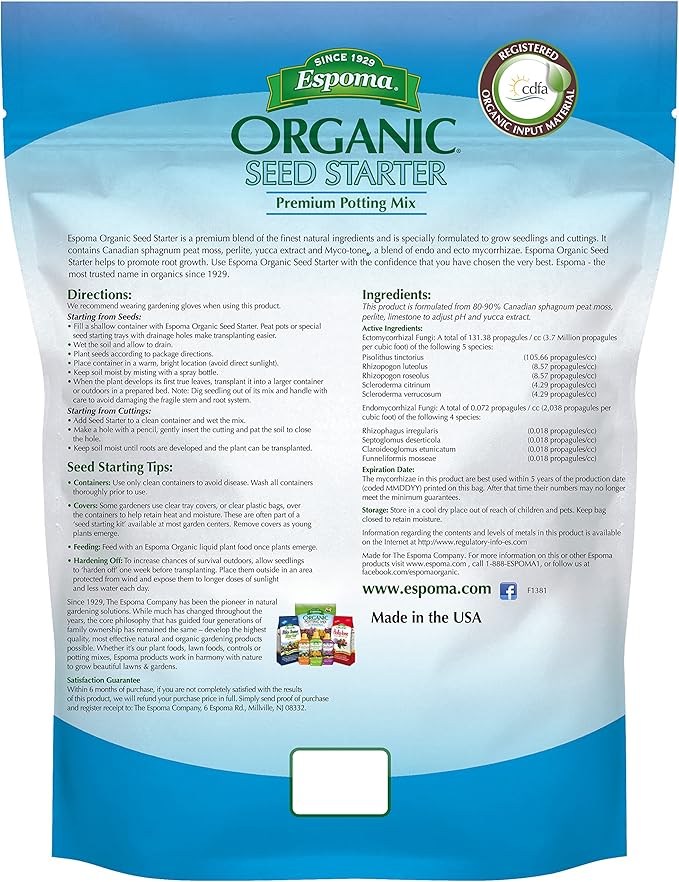 Espoma Organic Seed Starter Premium Potting Soil Mix - All Natural & Organic Seed Starting Mix with Mycorrhizae. for Organic Gardening, 8 qt, Pack of 1