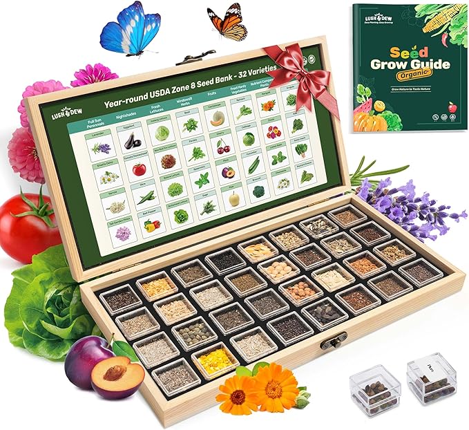 USDA Zone 8 Heirloom Seed Bank, 30,000+ Non-GMO 32 Varieties of Seeds for Planting Vegetables Herbs, Survival Seed Kit for Raised Garden Bed Greenhouse, Gardening Gifts for Mom Women Men