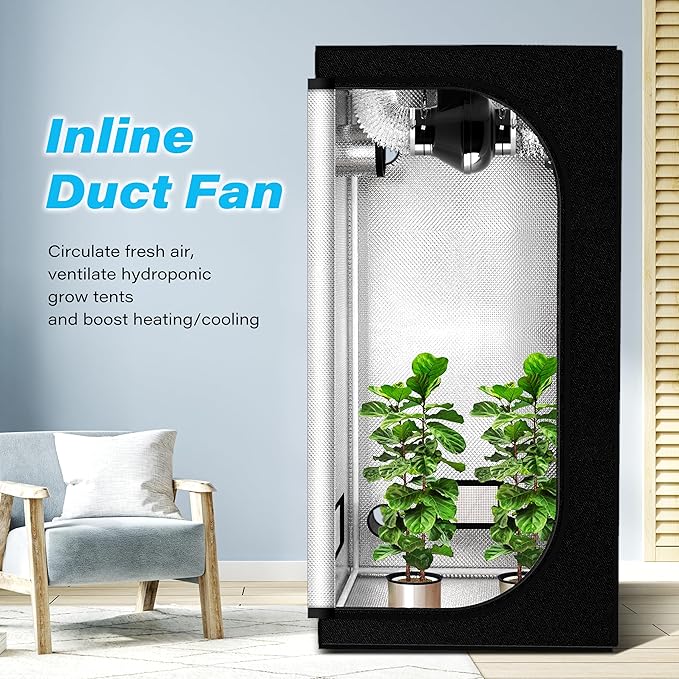 HealSmart 4 Inch 195 CFM Exhaust Inline Vent Booster Blower and 8 Feet Non-Insulated Flex Air Aluminum Foil 2 Clamps for Indoor Grow Tent Hydroponics Ventilation, Quiet, Fan+Ducting