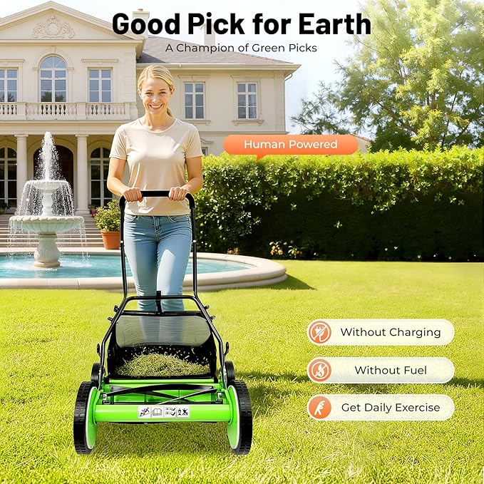 16 Inch Manual Push Reel Lawn Mower, 5 Blade Grass Catcher Push Outdoor Power Tools with Grass Catcher, Leaf Collector Lawn Sweeper for Villa Yards, Park Greening, Factory Greening