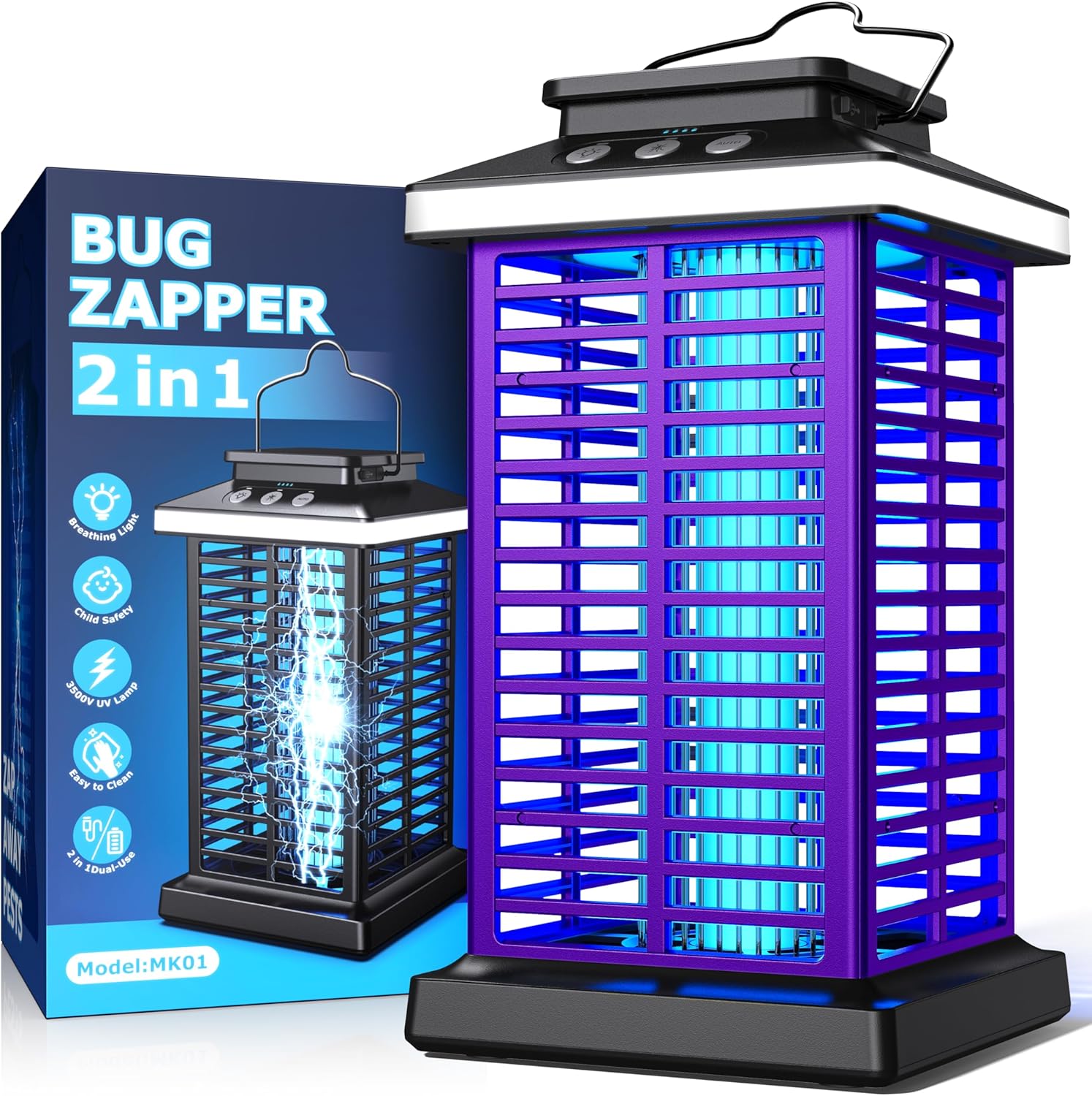 Bug Zapper Outdoor, Mosquito Zapper 2 in 1 Portable & Rechargeable Bug Zapper Outdoor with 5000mAh Battery & LED Night Light, 4000V Electric Fly Zapper for Outside,Patio,Backyard,Garden