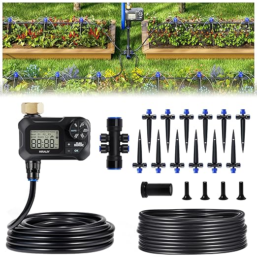 HIRALIY 50FT Automatic Drip Irrigation Kits with Garden Timer, Garden Watering System for Patio Lawn, Quick Connector Design Irrigation System Kit with Easy Programmable Water Timer