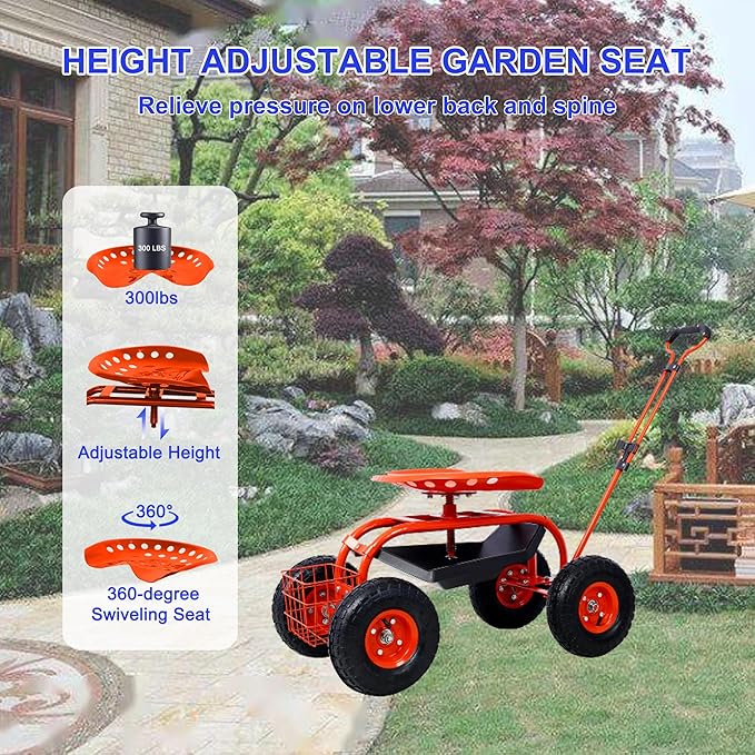 Heavy Duty Garden Cart Rolling Scooter with Adjustable Swivel Seat, 360° Rotation, 10" Pneumatic Tires, Extendable Steering Handle & Tool Basket – Outdoor Yard Gardening Seat with Storage Tray (Red)