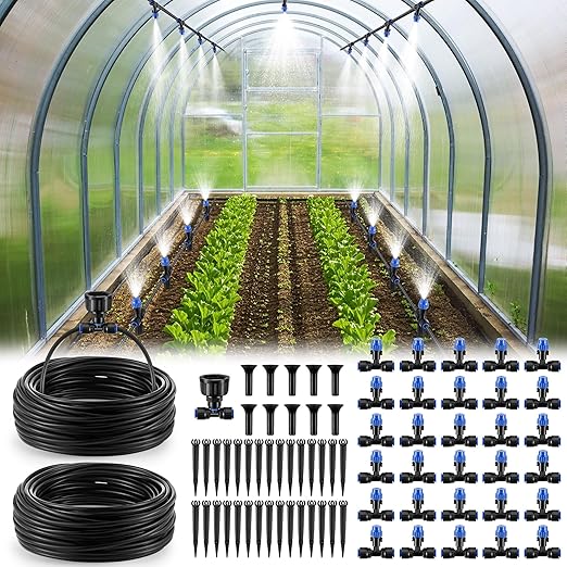 Meonum 65FT Greenhouse Watering System, Quick Connector Hanging Plant Watering System Automatic Mist Irrigation Kit with 1/4'' Blank Tubing, Two way Faucet Connector, Adjustable Misting Nozzle(2 Pack)