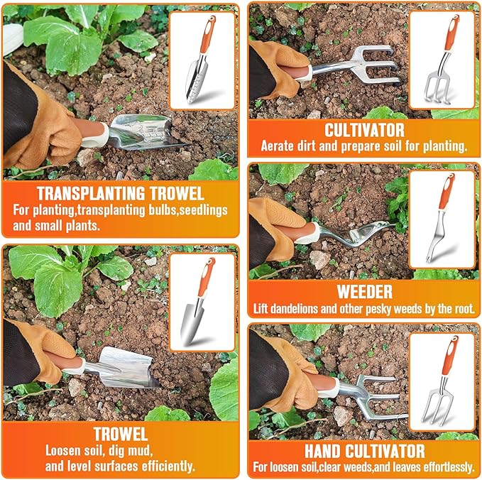 Garden Tool Set - 10 PCS Heavy Duty Stainless Steel Gardening Tools Set with Storage Bag, Gardening Kit Ideal Gardening Gifts for Women & Men, Indoor/Outdoor Use for Digging, Planting, Pruning
