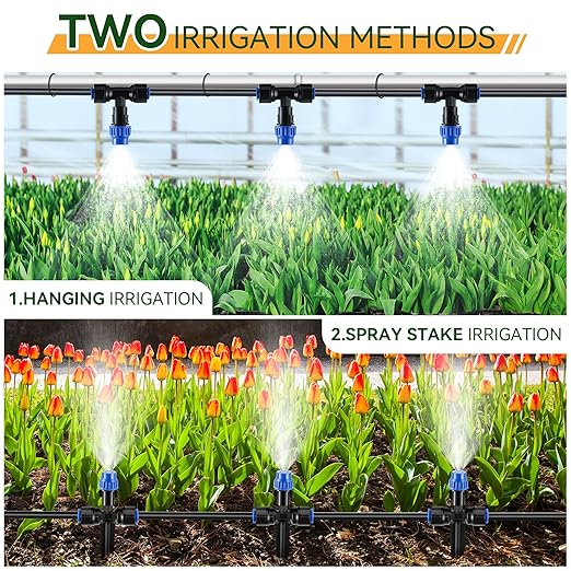 Meonum 65FT Greenhouse Watering System, Quick Connector Hanging Plant Watering System Automatic Mist Irrigation Kit with 1/4'' Blank Tubing, Two way Faucet Connector, Adjustable Misting Nozzle(1 Pack)