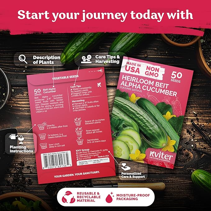 KVITER 50 Beit Alpha Cucumber Seeds for Planting (Cucumis sativus) – Persian Cucumbers, Parthenocarpic Cucumber Organic – Non GMO, Heirloom Vegetable Seeds for Home Garden, Containers & Greenhouses