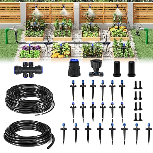HIRALIY 128FT Drip Irrigation System, Quick Connector Garden Watering Automatic Sprinkler Kit for Lawn Raised Bed Greenhouse Misting System with 3 Kinds Dripper, Adjustable Nozzle