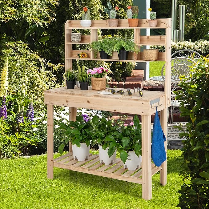 MAT EXPERT Potting Bench Table, 60.5" Garden Table with Open Shelves, Flip-Up Table, Display Rack, Side Hooks, Wooden Plant Bench, Garden Storage, Outdoor Workbench for Garden, Patio, Yard
