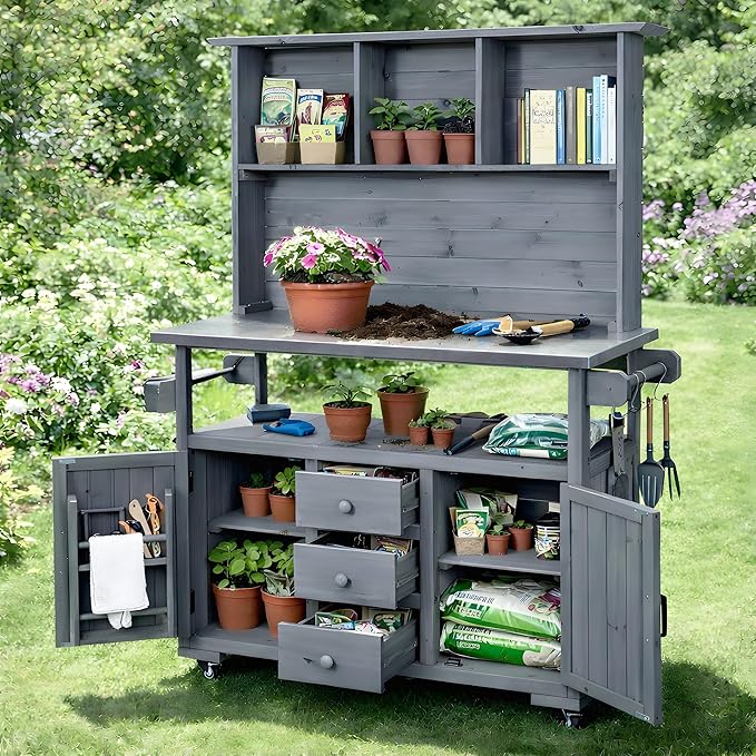65''H Large Garden Storage Potting Bench with Lockable Wheels, Wood Outdoor Kitchen Island with Stainless Steel top, Drawers, Door Shelves and Hutch (Gray-Wheels)
