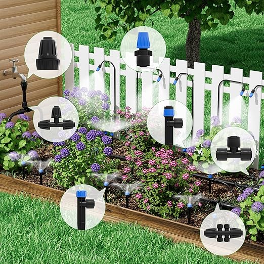 256FT Quick-Connect Drip Irrigation System Kit with 1/4” & 1/2” Fast-Lock Tubing, Adjustable Emitters & Sprinklers for Garden & Greenhouse
