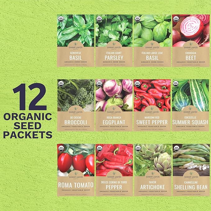 Organic Italian Garden Seeds Variety Pack - 12 Individual Packs - 2026 Season - Genovese Basil, Italian Giant Parsley, Chioggia Beet & More! for Indoor & Outdoor Planting (Non-GMO, Certified Organic)