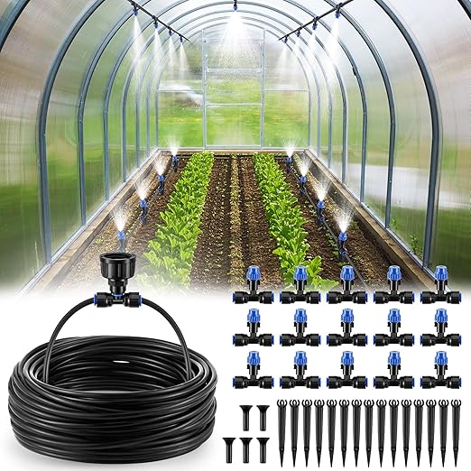 Meonum 65FT Greenhouse Watering System, Quick Connector Hanging Plant Watering System Automatic Mist Irrigation Kit with 1/4'' Blank Tubing, Two way Faucet Connector, Adjustable Misting Nozzle(1 Pack)