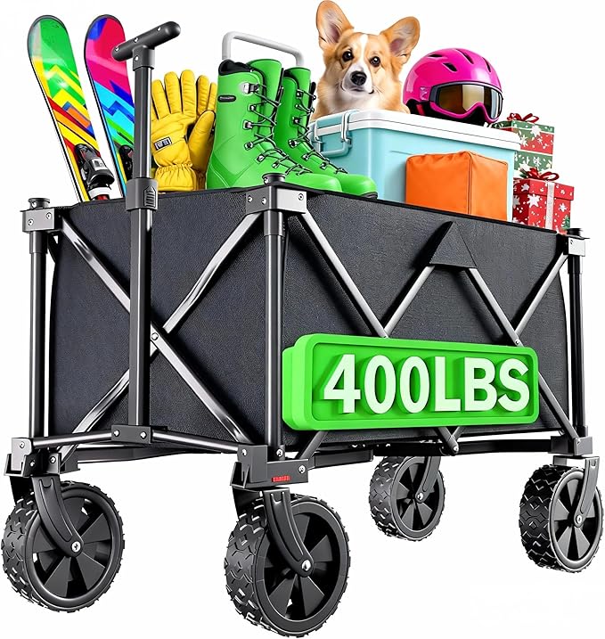 BEAU JARDIN Collapsible Folding Wagon Cart with Big Wheels Foldable Cart with 400LBS Capacity Utility Lightweight Wagon Heavy Duty Grocery Cart for Skiing Ice Fishing Camping Garden Shopping Christmas