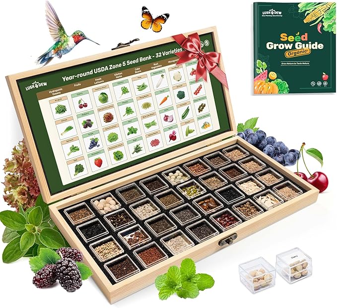 Lush&Dew Year-Round USDA Zone 5 Seed Bank, 32 Varieties Non-GMO Heirloom Seeds of Vegetables, Herbs, Gardening Gifts for Women Men, Emergency Survival Kit for Raised Garden Bed, Greenhouse