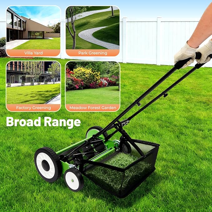 16 Inch Manual Push Reel Lawn Mower, 5 Blade Grass Catcher Push Outdoor Power Tools with Grass Catcher, Leaf Collector Lawn Sweeper for Villa Yards, Park Greening, Factory Greening