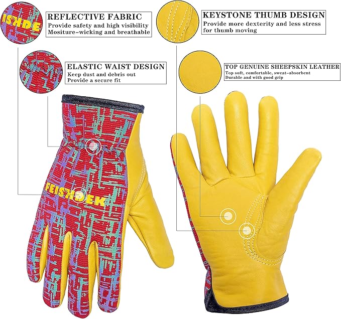 Kids Genuine Leather Work Gloves, Large, Red, 6-7 Years Old