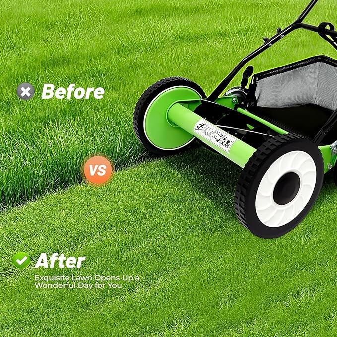 16 Inch Manual Push Reel Lawn Mower, 5 Blade Grass Catcher Push Outdoor Power Tools with Grass Catcher, Leaf Collector Lawn Sweeper for Villa Yards, Park Greening, Factory Greening