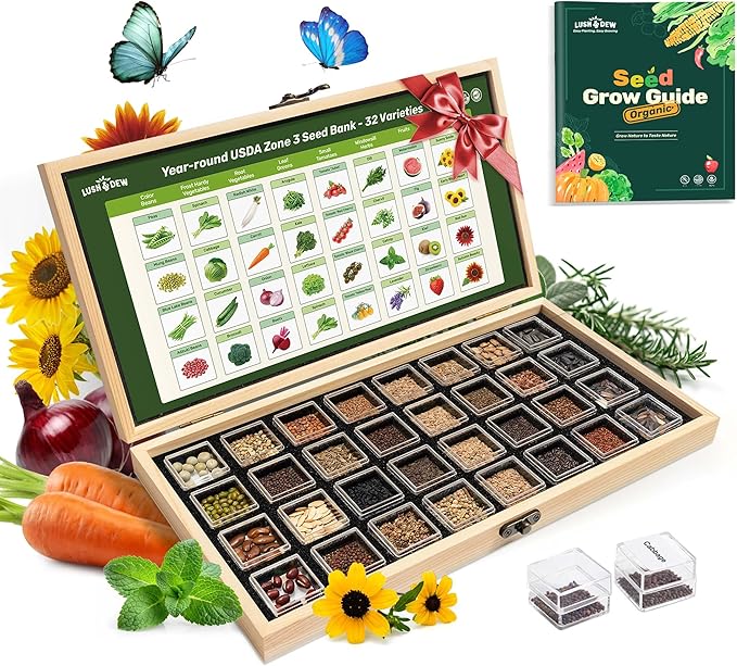 Lush&Dew USDA Zone 3 Seed Bank, Gardening Gifts for Women Men, 32 Varieties Non-GMO Heirloom Seeds for Planting Vegetables Fruits, Year Round Survival Seed Kit for Raised Garden Bed Greenhouse