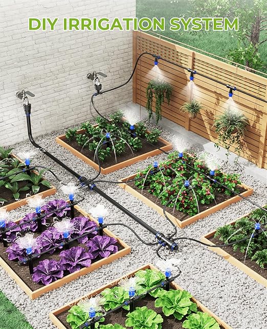 HIRALIY 128FT Drip Irrigation System, Quick Connector Garden Watering Automatic Sprinkler Kit for Lawn Raised Bed Greenhouse Misting System with 3 Kinds Dripper, Adjustable Nozzle