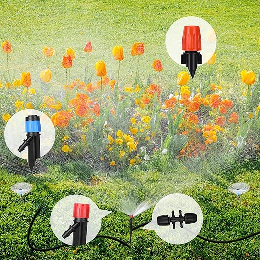 Yaomiao 394 ft Drip Irrigation System Kit, 1/2 Inch Hose 1/4 Inch Distribution Tubing Drip Emitters Adjustable Misting Nozzle Barbed Fittings Patio Misting Plant Watering System for Garden Yard Lawn