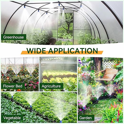 Meonum 65FT Greenhouse Watering System, Quick Connector Hanging Plant Watering System Automatic Mist Irrigation Kit with 1/4'' Blank Tubing, Two way Faucet Connector, Adjustable Misting Nozzle(1 Pack)