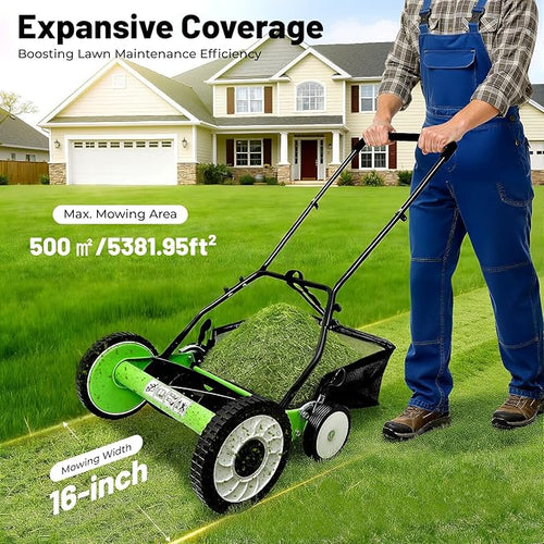 16 Inch Manual Push Reel Lawn Mower, 5 Blade Grass Catcher Push Outdoor Power Tools with Grass Catcher, Leaf Collector Lawn Sweeper for Villa Yards, Park Greening, Factory Greening