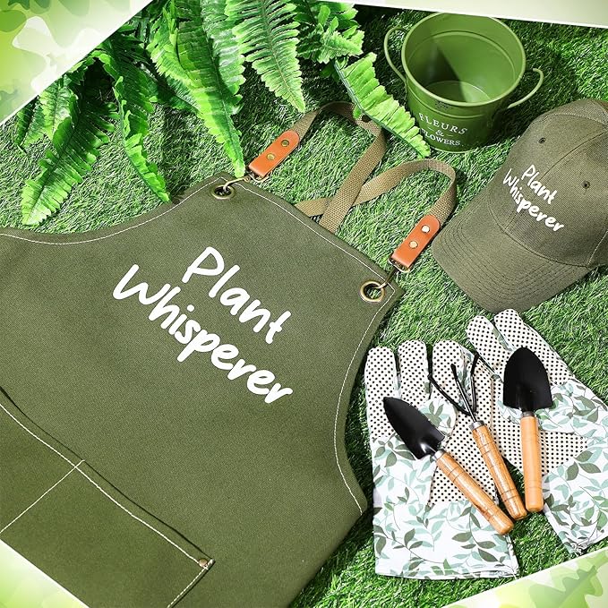 Tarpop Garden Tool Set Christmas Plant Whisperer Gardening Gifts for Women, 7 Pcs Vegetable Planting Tool Kit Cap Canvas Apron Gloves Soil Scoop Transplant Trowel Cultivator Flower Tub(Green)